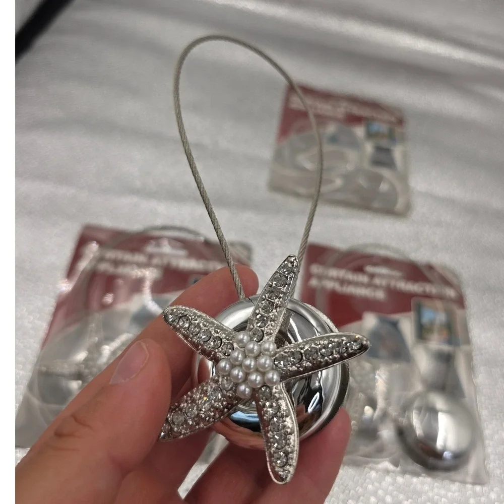 Magnetic Starfish Curtain Tiebacks Set of 3‎ Silver Rhinestone Pearl Beach O1